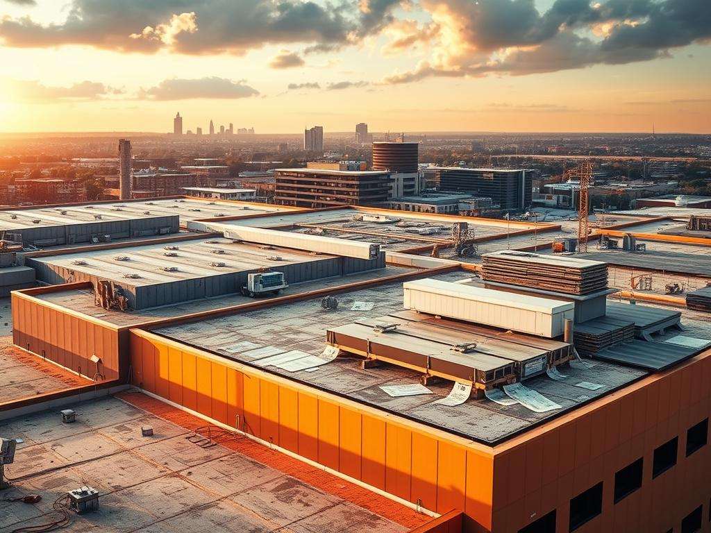 Detailed commercial roofing scene with fire resistance ratings prominently displayed. A multi-layered composition showing a large commercial building with a flat roof in the foreground, illuminated by warm, directional lighting. In the middle ground, various roofing materials and systems are showcased, including ratings tags and labels. The background features a cityscape with other commercial structures. The image conveys a sense of technical expertise and compliance with relevant safety standards for commercial buildings. Detailed commercial roofing scene with fire resistance ratings prominently displayed. A multi-layered composition showing a large commercial building with a flat roof in the foreground, illuminated by warm, directional lighting. In the middle ground, various roofing materials and systems are showcased, including ratings tags and labels. The background features a cityscape with other commercial structures. The image conveys a sense of technical expertise and compliance with relevant safety standards for commercial buildings.